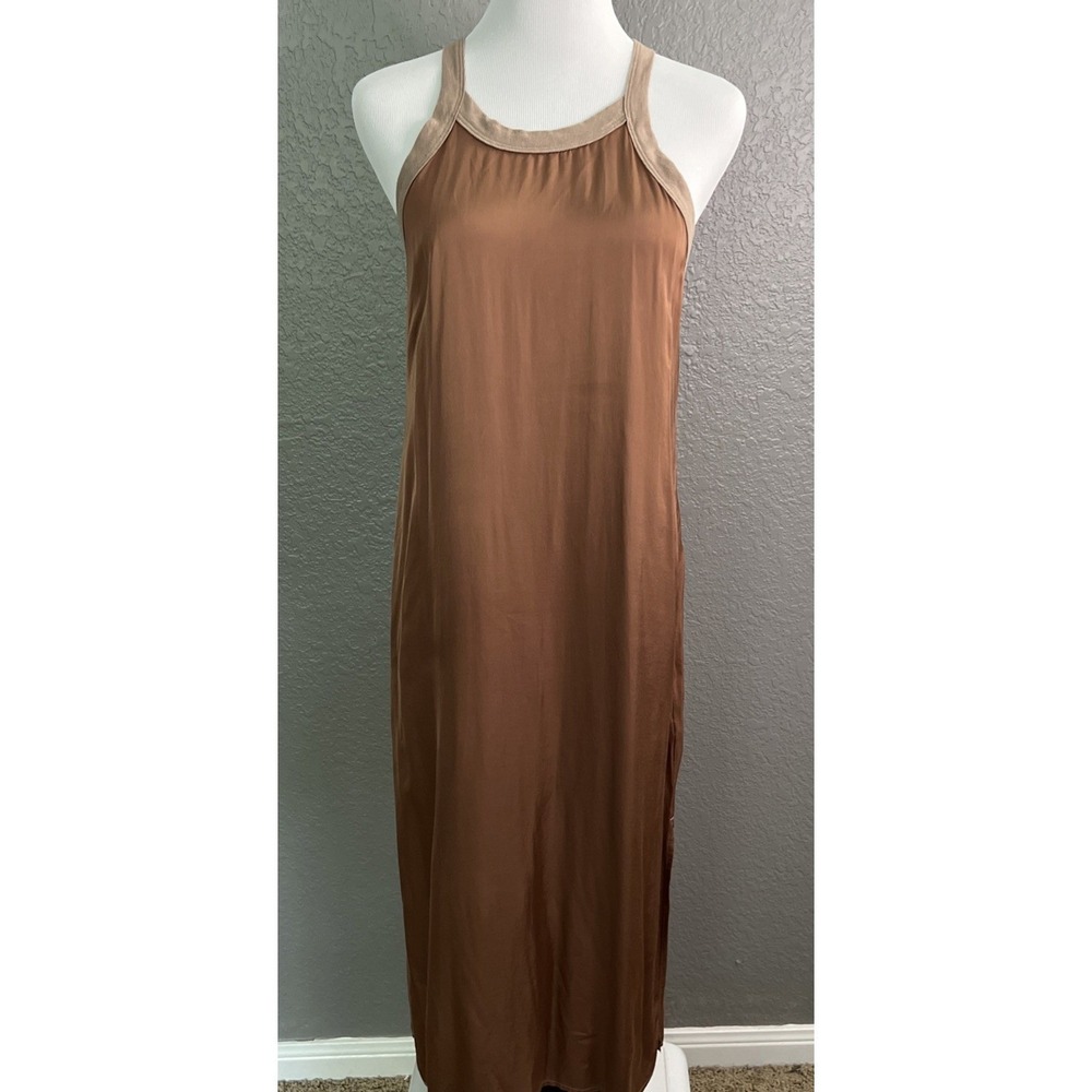 Nation LTD Brown Satin Halter Midi Dress Contrast Trim XS Made in USA Slit Hem